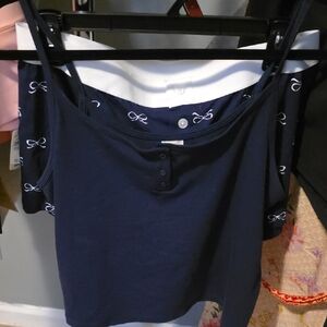 Womens Super Cute  Cotton short  Navy Blue 2piece Set Bow Print.